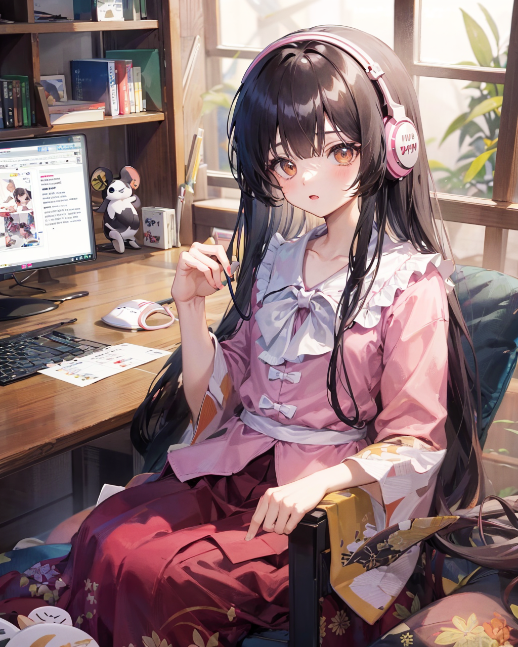 54745-2661174360-houraisan kaguya, 1girl, solo, headphones,   ,blunt bangs, sitting,indoors,computer, pink_shirtkeyboard _(computer_), mouse _(co.png